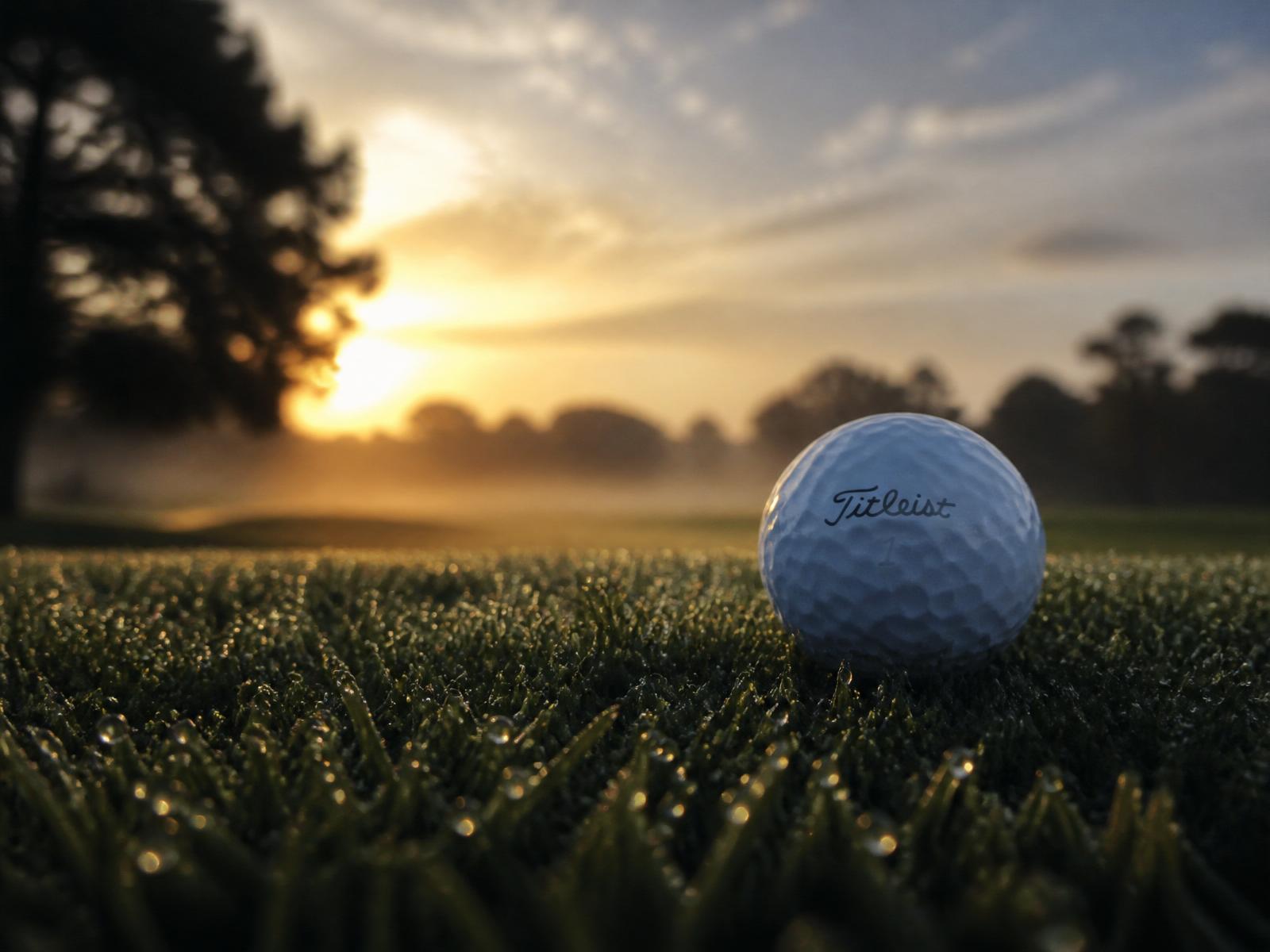 A pristine golf ball at dawn on a dew-covered fairway